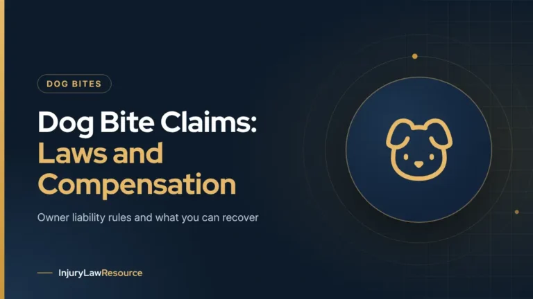 Dog bite injury claims, laws and compensation: guide cover with a dog icon