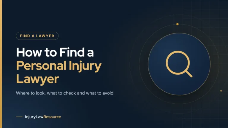 How to find a personal injury lawyer: guide cover with a magnifying glass icon