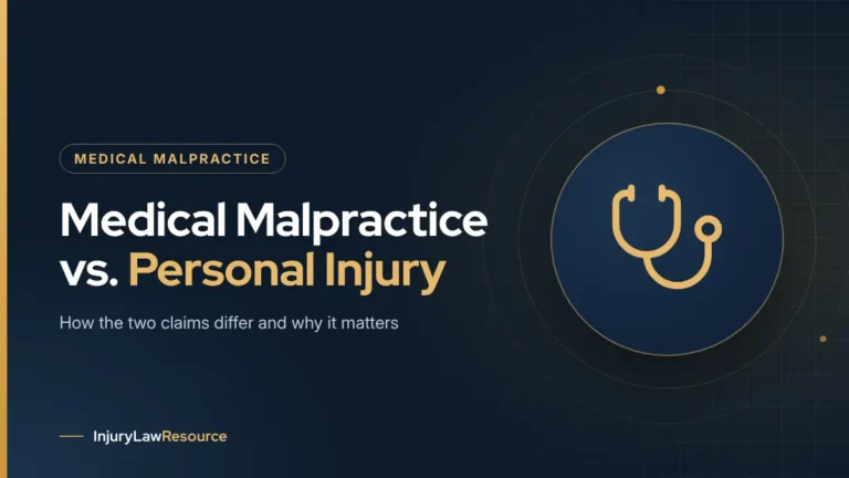 Medical malpractice vs. personal injury: guide cover with a stethoscope icon