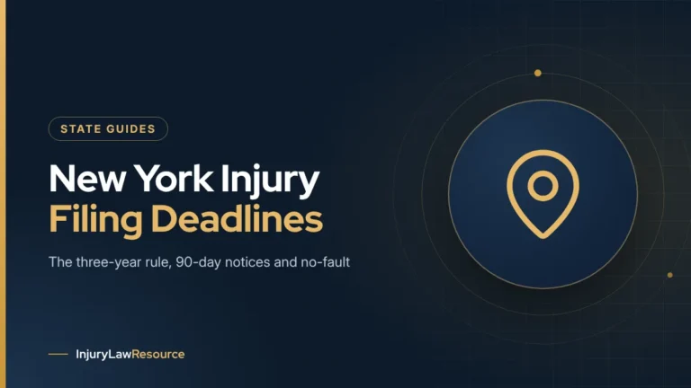 New York personal injury filing deadlines: guide cover with a map pin icon