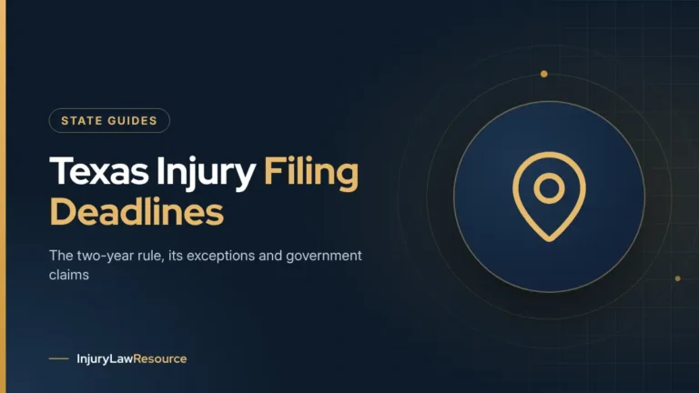 Texas personal injury filing deadlines: guide cover with a map pin icon
